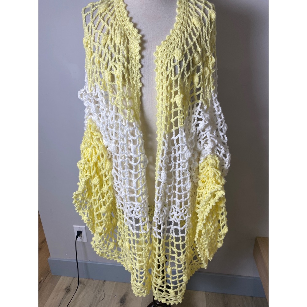 Vintage 60s 70s Crochet Shawl Wrap Yellow White Popcorn Stitch Boho Open Knit